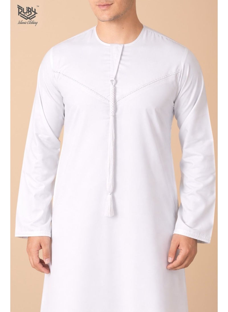 RUBY ISLAMIC CLOTHING Classic White Emirati Thobe kandura for Men with Intricate Embroidery Men's kandura Kaftan Round Neck Long Sleeve Saudi Arabian Muslin Robe - Image 4